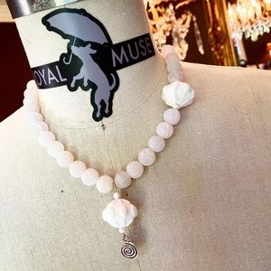 White Agate & Two Large Ceramic White Lantern Beads Silver Chain